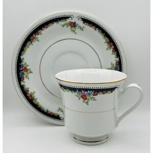 Truly Tasteful Fine China Teacup Saucer Floral Garland Black Gold Trim Tea Set